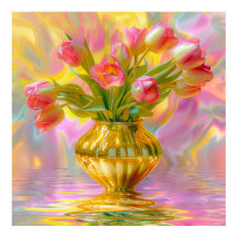 Lebhafte rosa Tulips in der goldenen Vase