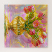 Lebhafte rosa Tulips in der goldenen Vase Puzzle (Horizontal)