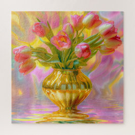 Lebhafte rosa Tulips in der goldenen Vase Puzzle