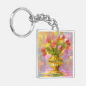 Lebhafte rosa Tulips in der goldenen Vase Schlüsselanhänger (Vorderseite links)