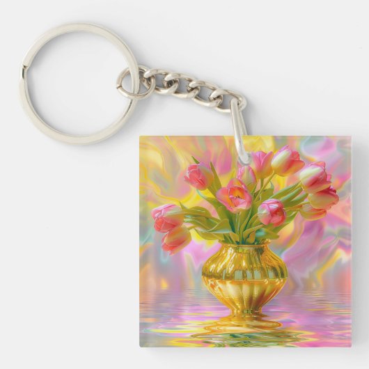 Lebhafte rosa Tulips in der goldenen Vase Schlüsselanhänger (Vorderseite)