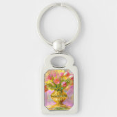 Lebhafte rosa Tulips in der goldenen Vase Schlüsselanhänger (Vorderseite)