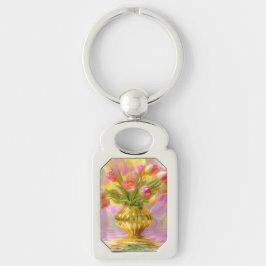 Lebhafte rosa Tulips in der goldenen Vase Schlüsselanhänger