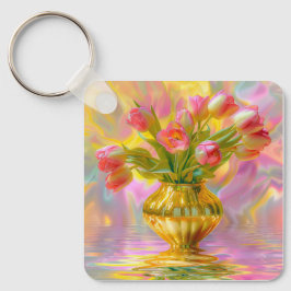 Lebhafte rosa Tulips in der goldenen Vase Schlüsselanhänger