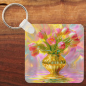 Lebhafte rosa Tulips in der goldenen Vase Schlüsselanhänger (Vorderseite)