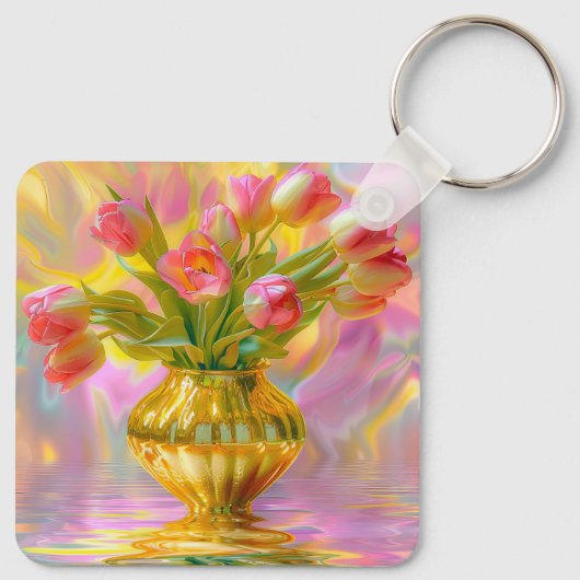Lebhafte rosa Tulips in der goldenen Vase Schlüsselanhänger (Rückseite)