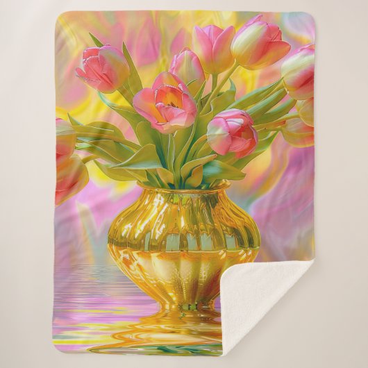 Lebhafte rosa Tulips in der goldenen Vase Sherpadecke (Vorderseite)