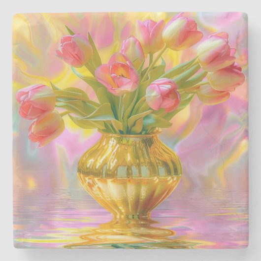 Lebhafte rosa Tulips in der goldenen Vase Steinuntersetzer (Vorderseite)
