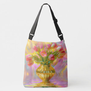 Lebhafte rosa Tulips in der goldenen Vase Tragetaschen Mit Langen Trägern