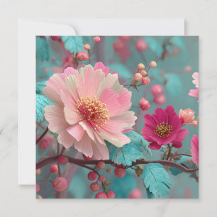 Lebhafte rosa und blaue Fantasie Kunst der Blumen Feiertagskarte