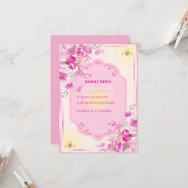 Lebhafte rosa und goldene Hochzeits-Antwortkarte Einladung