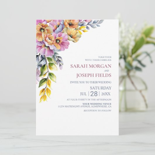 Lebhafte Rosa- und Orangefarbene Hochzeit Einladung (Stehend Vorderseite)