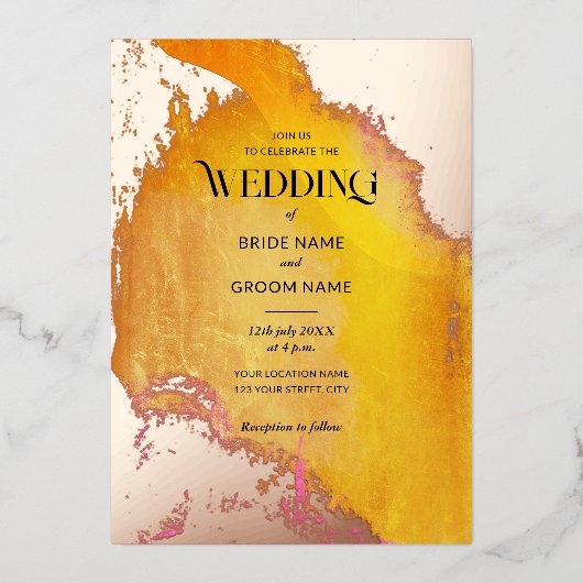 Lebhafte, rosa und orangefarbene Textur Hochzeit Folieneinladung (Vorderseite)
