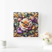 Lebhafte Rose mit elegantem Blumendesign Quadratische Wanduhr (Zuhause)