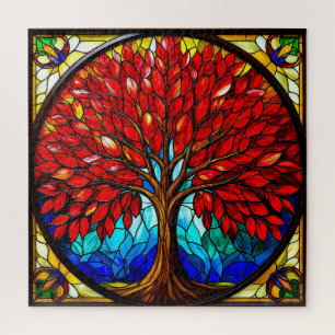 Lebhafte Rote Bäume Gestaltete Glaskunst Puzzle