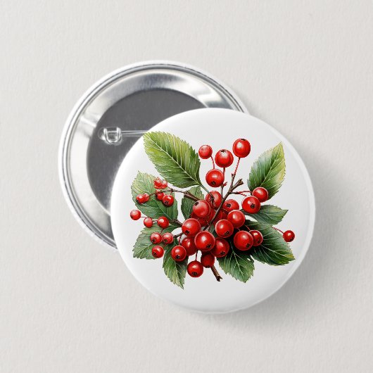 Lebhafte rote Berries mit üppig grünen Blätter Button (Vorne & Hinten)