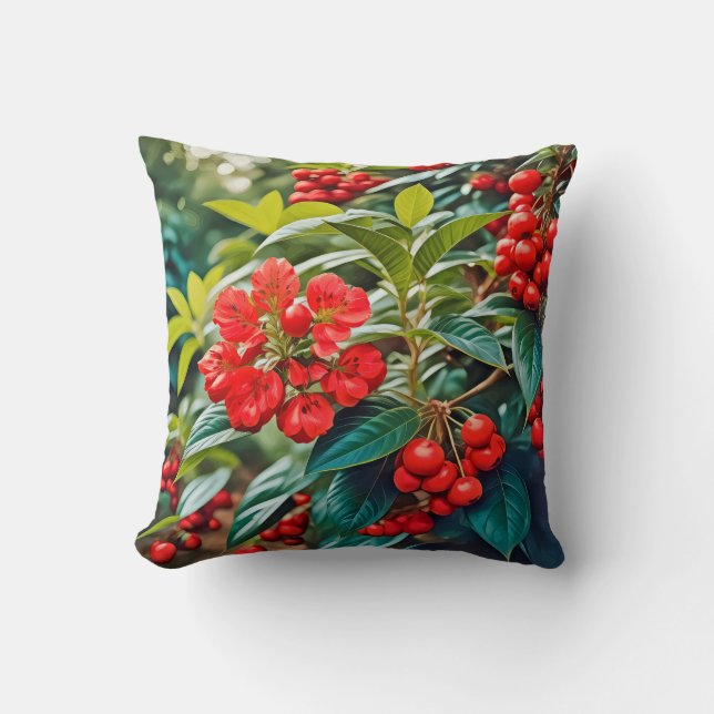Lebhafte rote Blüten und Beerenhaufen Kissen (Vorderseite)