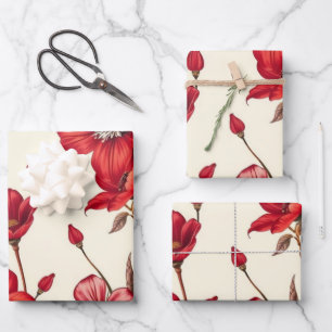 Lebhafte rote botanische Illustration Geschenkpapier Set