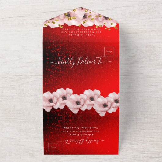 Lebhafte Rote Elegante Rosenhochzeit All In One Einladung (Außenbereich)