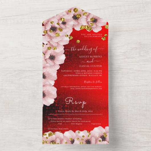 Lebhafte Rote Elegante Rosenhochzeit All In One Einladung (Innen Boden)