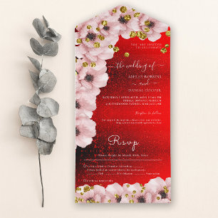 Lebhafte Rote Elegante Rosenhochzeit All In One Einladung