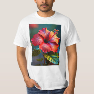 Lebhafte Rote Hibiskus-Blume mit Blätter-45328 T-Shirt