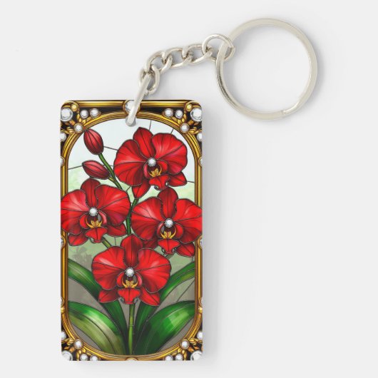 Lebhafte Rote Orchideen in Ziergoldrahmen Schlüsselanhänger (Rückseite)