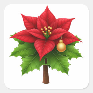 Lebhafte Rote Poinsettia-Blume mit grünen Blätter Quadratischer Aufkleber