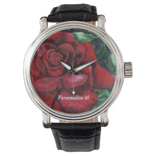 Lebhafte Rote Rose auf grünem, grünem, grünem Hint Armbanduhr