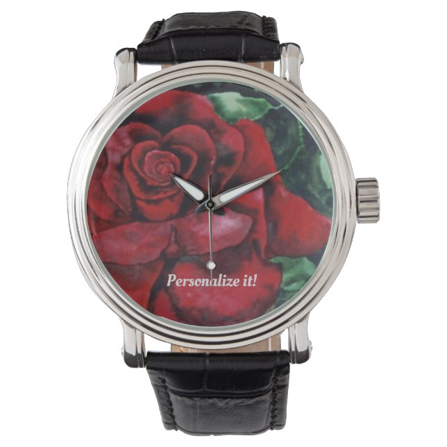 Lebhafte Rote Rose auf grünem, grünem, grünem Hint Armbanduhr (Vorderseite)
