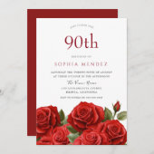 Lebhafte Rote Rosen 90. Geburtstagsparty Einladung (Vorne/Hinten)