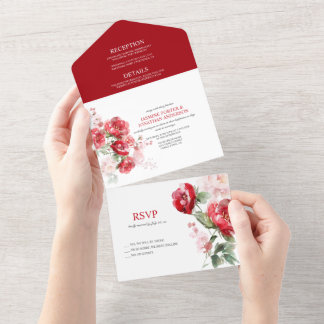 Lebhafte Rote Rosen Hochzeit All In One Einladung