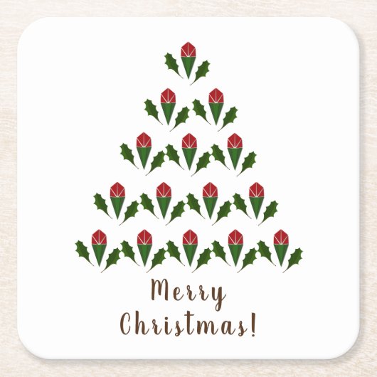 Lebhafte Rote Rosen, Holly Christmas Tree & Wish Rechteckiger Pappuntersetzer (Vorderseite)