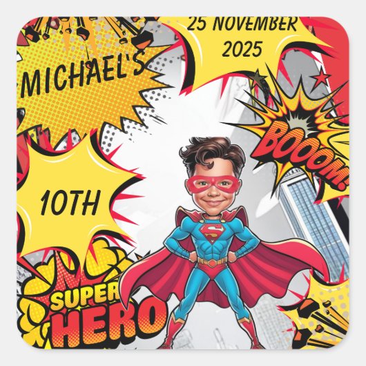 Lebhafte rote und gelbe Superheldenkarikatur Quadratischer Aufkleber (Vorderseite)
