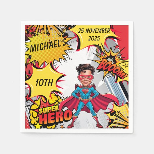 Lebhafte rote und gelbe Superheldenkarikatur Serviette (Vorderseite)