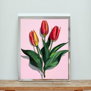 Lebhafte rote und gelbe Tulpen auf Rosa Fotodruck