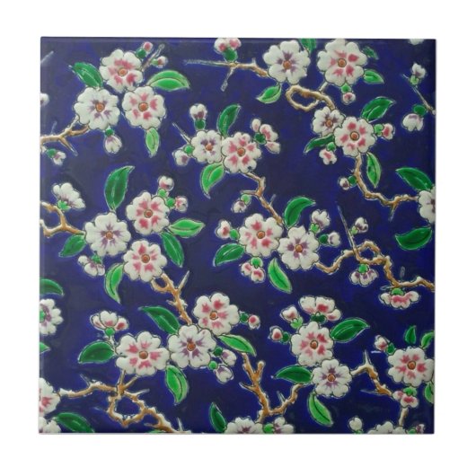 Lebhafte Royal Blue Cherry Blüten Antique Repro Fliese (Vorderseite)