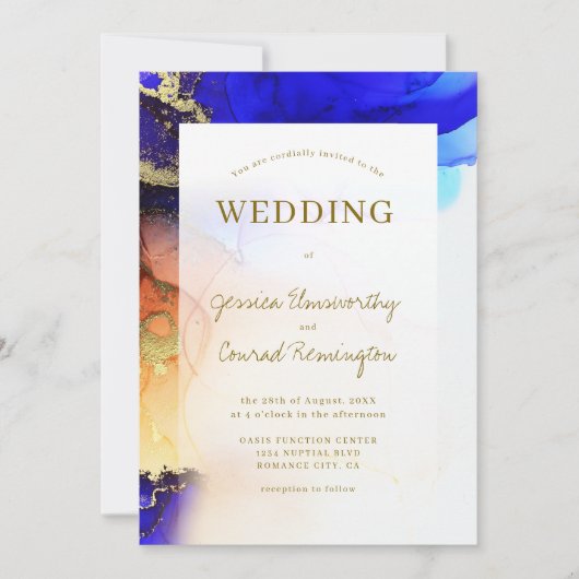 Lebhafte Sapphire Blue Gold Orange Wedding Einladung (Vorderseite)