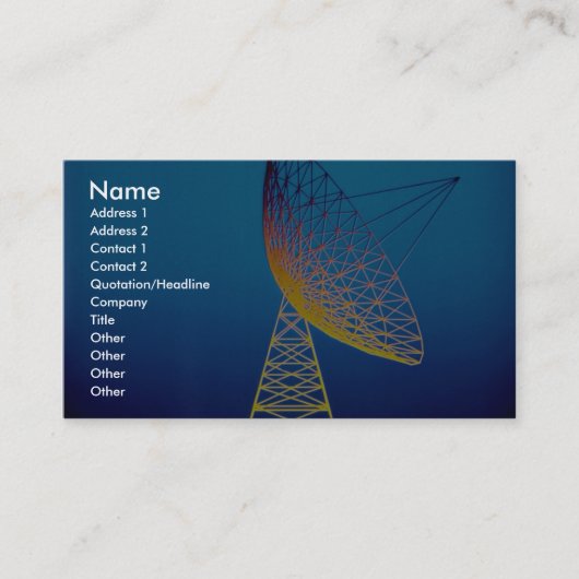 Lebhafte Satellitenschüssel über blauem Visitenkarte (Vorderseite)