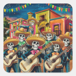 Lebhafte Skeleton Mariachi Band Día de Los muertos Quadratischer Aufkleber