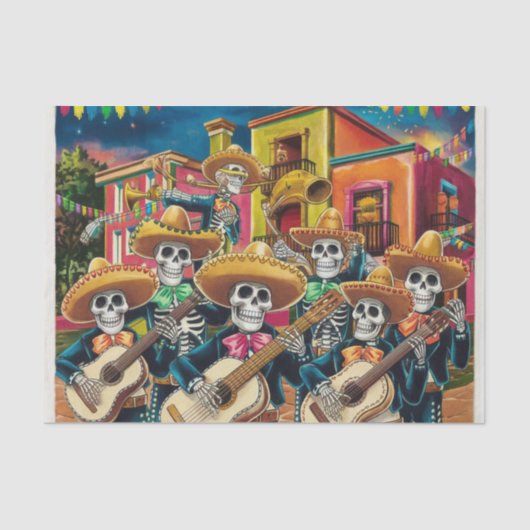 Lebhafte Skeleton Mariachi Band Día de Los muertos Seidenpapier (Vorderseite)