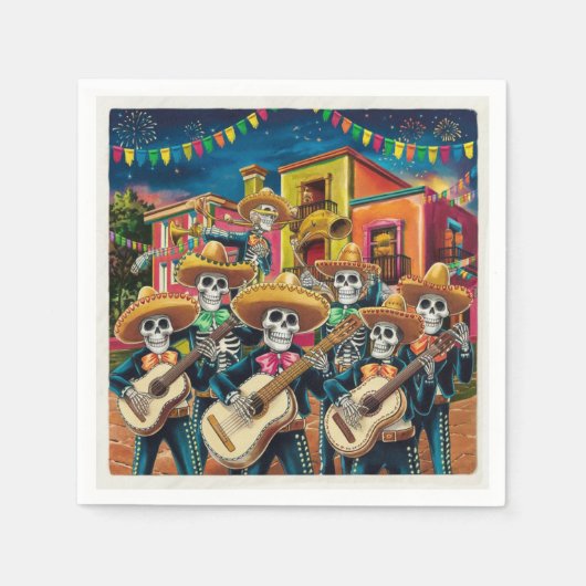 Lebhafte Skeleton Mariachi Band Día de Los muertos Serviette (Vorderseite)