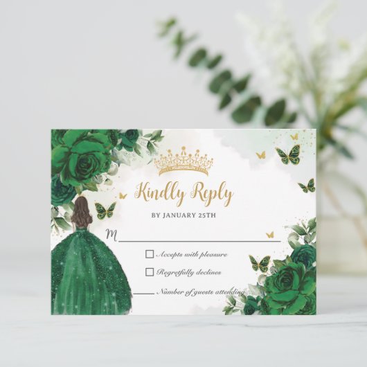 Lebhafte Smaragdgrüne Blumenprinzessin Quinceañera RSVP Karte (Stehend Vorderseite)