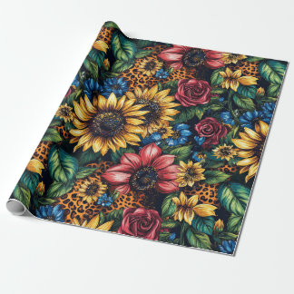 Lebhafte Sonnenblumen, Rose und Leopard Print Glit Geschenkpapier