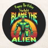 Lebhafte Sonnenuntergangsrahmen Grüne Alien Runder Pappuntersetzer (Vorderseite)