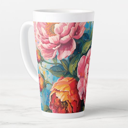 "Lebhafte Tasse mit Blumenlatte - Kaffee-Cup für T (Linke Ecke)