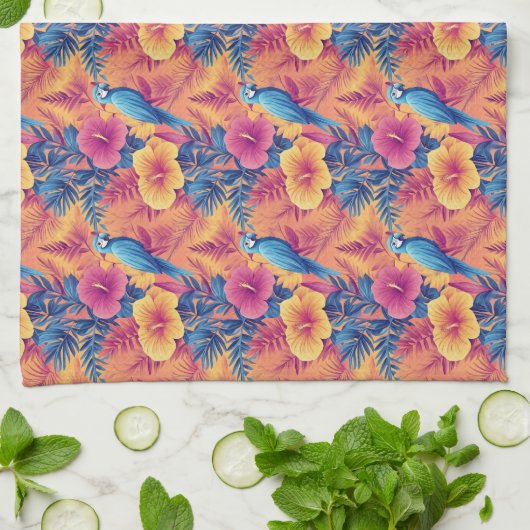 Lebhafte tropische Blätter und Parrots Sommermuste Geschirrtuch (Gefaltet)