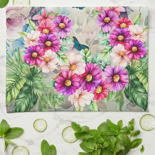 Lebhafte tropische Flora-Hummingbirds Geschirrtuch (Gefaltet)