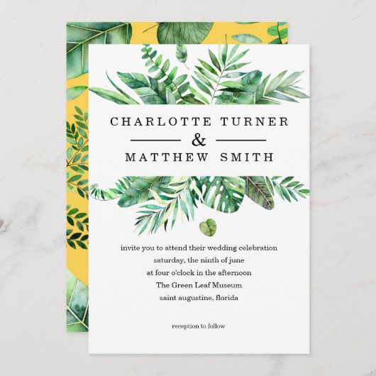 Lebhafte tropische Foliage-Hochzeitsfeier Einladung (Vorne/Hinten)