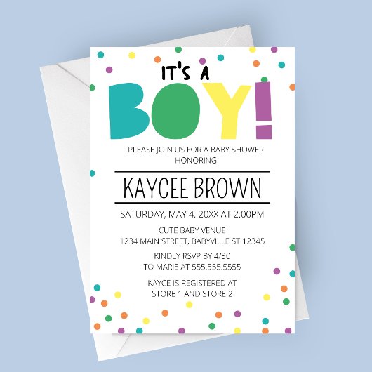 Lebhafte Typografie 'It's a Boy' Baby Shower Einladung